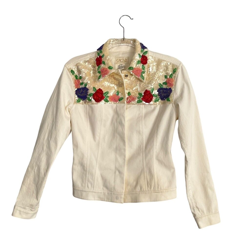 Cache Jacket Women's Sz 6 Sequin Embroidered Flower Boho Western Cotton Flawed